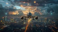 Commercial passenger aircraft flying over illuminated night city with dramatic sunset sky and bokeh light effects, perfect for aviation, travel and transportation themes.