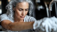 Mature Caucasian woman with long gray hair cleaning kitchen counter with white cloth, focused expression while doing household chores in modern home interior.