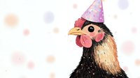 Playful rooster wearing party hat against pastel bokeh background, watercolor style illustration for greeting cards and festive designs.