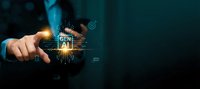 Businessman hand pointing at glowing GEN AI artificial intelligence hologram with digital network connections on dark technology background.