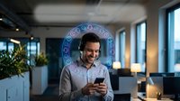 Young man with dark hair and beard, wearing light blue shirt, holding smartphone in modern office environment with glowing zodiac circle hologram overlay around head, representing astrology app, digital horoscope, or fortune telling technology for business, wellness, and lifestyle applications.