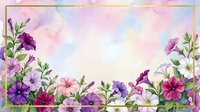 Watercolor petunia floral frame with gold border on pastel pink and blue background, copy space for text, greeting card or invitation design.