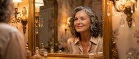 Mature woman with gray curly hair smiling at reflection in ornate golden mirror in elegant vintage interior with warm lighting and luxurious decor.