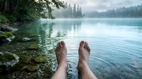 Relaxed feet extending over pristine mountain lake with crystal clear turquoise water, surrounded by evergreen forest and misty atmosphere for wellness content.