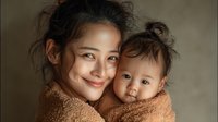Young Asian mother tenderly embracing her adorable baby in cozy brown sweater against neutral background for family lifestyle and parenting content.