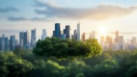 Floating island with modern skyscrapers and lush green trees above forest landscape at sunset, concept of urban sustainability and environmental balance.