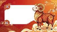 Chinese New Year ram goat zodiac animal traditional ornate decorative frame red gold clouds Asian lunar calendar celebration greeting card background.