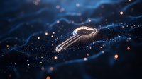 Glowing digital key floating in dark blue cyberspace with bokeh light effects and particle waves, representing digital security and data encryption solutions.