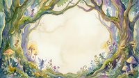 Enchanted forest frame with twisted tree branches, mushrooms and flowers creating magical woodland border for fairy tale storytelling and fantasy designs.