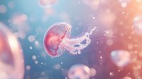 Pink jellyfish floating in dreamy underwater scene with bokeh lights and soft gradient background, creating ethereal marine atmosphere for nature designs.