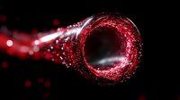 Glowing red spiral vortex with sparkling particles and light trails against black background, creating dynamic motion effect for technology and science designs.