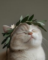 White cat wearing olive branch crown with small star decoration, eyes closed in peaceful expression against neutral background. Perfect for pet care and lifestyle content.
