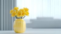 Yellow daisies in pastel ceramic vase against minimalist gray background with soft window light, creating serene home decor atmosphere for modern interior design.