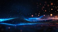 Glowing blue wave of particles with orange bokeh lights on dark background creates futuristic digital landscape for technology and science designs.