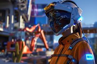 Futuristic construction worker in orange safety gear and reflective helmet at night job site with heavy machinery in background.