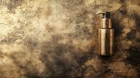 Luxurious bronze cosmetic pump bottle on textured golden brown concrete background with dramatic lighting and copy space for beauty product presentation.