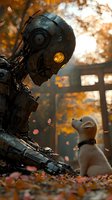 Futuristic robot meets small white puppy in autumn forest setting with falling leaves and golden bokeh lighting, creating emotional connection between artificial and natural.