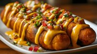 Golden fried potato rolls drizzled with creamy cheese sauce and topped with colorful diced vegetables on white plate for appetizer menu design.
