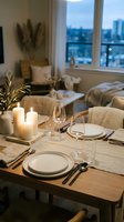 Elegant dining table set for dinner with lit candles, place settings, and glassware overlooking city skyline through large windows at dusk. Perfect for hospitality, restaurant, and home decor design projects.