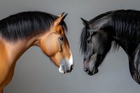Bay and black horses face to face in profile showing mutual understanding and connection against neutral background, highlighting equine communication.