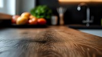 Dark wooden kitchen counter with blurred fresh vegetables and cooking utensils in background, moody lighting creates atmospheric home interior setting.