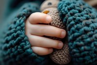 Small child's hand grasping cozy knitted sweater in teal and beige colors, close-up macro shot showing tender moment and soft textile texture.