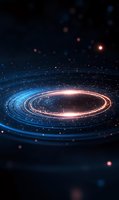 Glowing spiral of light with blue and orange neon streaks against dark background creates futuristic cosmic portal effect, particles floating in space.