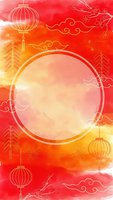 Chinese New Year watercolor background with lanterns, cherry blossoms and circular frame for festive greeting cards and celebration designs.