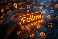 Glowing neon follow button with hand reaching out surrounded by floating social media icons on dark background, modern digital marketing concept.