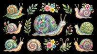 Colorful snails with ornate shells and floral accents, isolated on transparent background. Ready for t-shirt designs, clipart, stickers, sublimation, print-on-demand products and digital crafts.