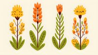 Decorative folk art flowers in yellow and orange with green leaves arranged in row composition. Scandinavian style botanical illustration on light background.