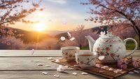 Elegant floral tea set with cherry blossom design on wooden table during spring sunset, scattered pink petals creating peaceful outdoor dining atmosphere.