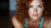 Young Caucasian woman with curly red hair and blue eyes in turquoise top looking at camera with natural makeup and soft lighting for beauty and lifestyle content.