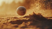 Golf ball bouncing on sandy ground with dramatic sunset lighting creating dynamic motion effect and particles flying in golden hour atmosphere.