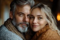 Mature Caucasian man with gray beard embracing young blonde woman in cozy sweaters, warm indoor lighting creating intimate romantic atmosphere for lifestyle content.
