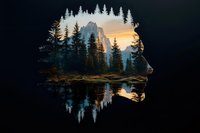 Double exposure silhouette of male profile merged with mountain landscape, evergreen forest and lake reflection against dramatic sunset sky. Nature concept art.