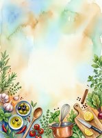 Watercolor cooking frame with fresh herbs, vegetables, olive oil, and kitchen utensils on soft pastel background. Ideal for recipe blogs, culinary websites, food packaging, and cooking-related designs.