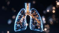 Glowing human lungs with illuminated network pattern against dark background, resembling constellation map with blue and orange light effects. Medical science concept.