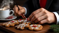 Decorating festive gingerbread cookies with white icing and red berries, steaming coffee cup in background on wooden table, cozy holiday baking atmosphere.