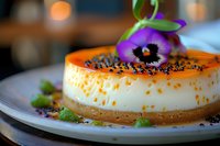 Creamy vanilla cheesecake topped with orange zest, black sesame seeds and purple edible flower garnish on ceramic plate, soft bokeh background, macro food photography.