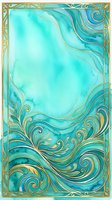 Turquoise watercolor background with ornate gold filigree border and flowing wave patterns. Elegant decorative frame with swirling botanical elements in teal and gold tones. Suitable for invitations, cards, and design projects.