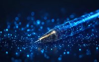 Glowing digital pen nib surrounded by blue network connections and bokeh lights on dark background, representing creative technology and digital art.