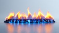 Orange flames dance above glowing blue crystals creating dramatic contrast against gray background, artistic fire photography for modern interior design concepts.