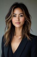 Young Asian woman with highlighted wavy hair wearing black blazer poses confidently against neutral background, showcasing modern professional style and natural makeup look.