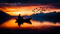 Silhouette of lone fisherman in boat against dramatic orange sunset sky with flying birds over mountain lake, peaceful nature reflection in calm water.