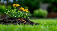 Yellow marigold flowers growing in fresh soil mound with earthworm on green grass lawn background, spring gardening and natural fertilizer concept.