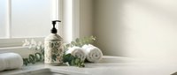 Elegant bathroom counter with decorative soap dispenser, rolled towels and eucalyptus branches creating serene spa atmosphere for wellness and relaxation.