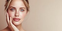 Young woman with blue eyes and natural makeup touching face against neutral beige background, showcasing flawless skin and soft beauty look.