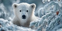 Adorable polar bear cub in snowy winter landscape with frost-covered evergreen branches during snowfall for wildlife and nature projects.