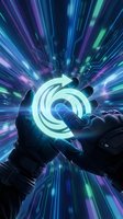 Futuristic hands holding glowing holographic spiral energy with dynamic light rays and motion blur effects for sci-fi technology concepts.